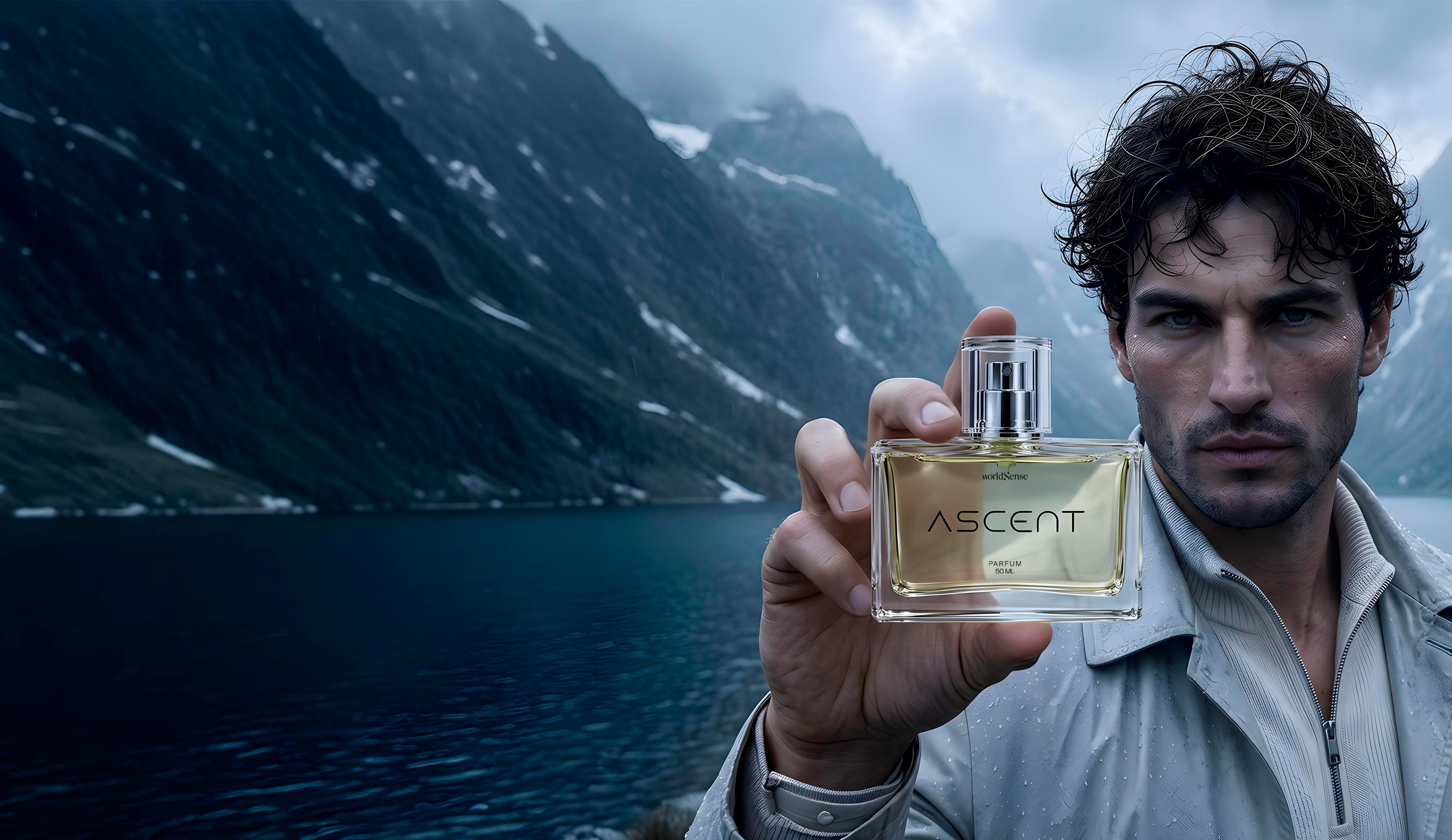 Hombre sosteniendo el perfume Ascent frente a un lago entre montañas