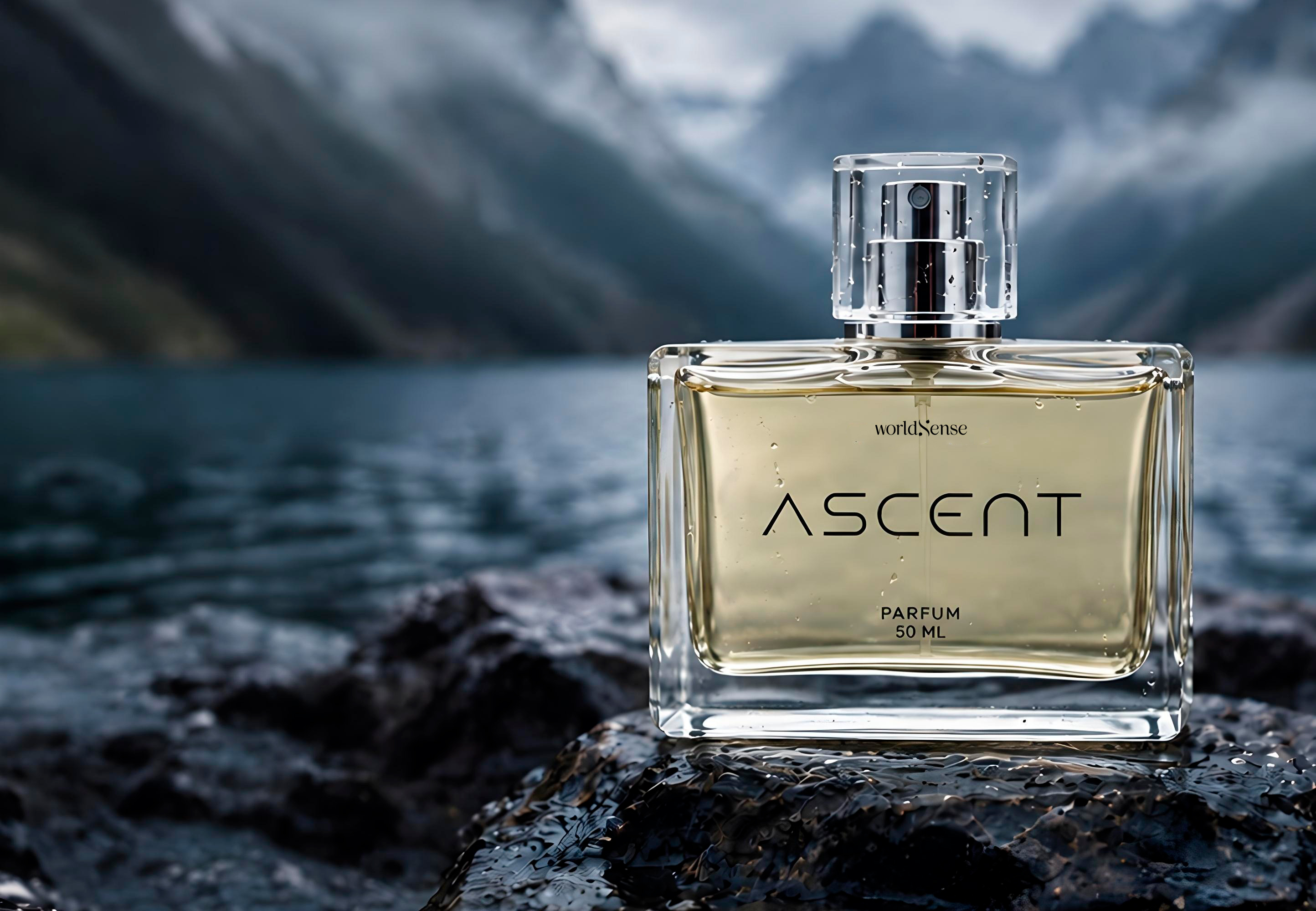 Frasco de Ascent sobre una roca junto a un lago de montaña