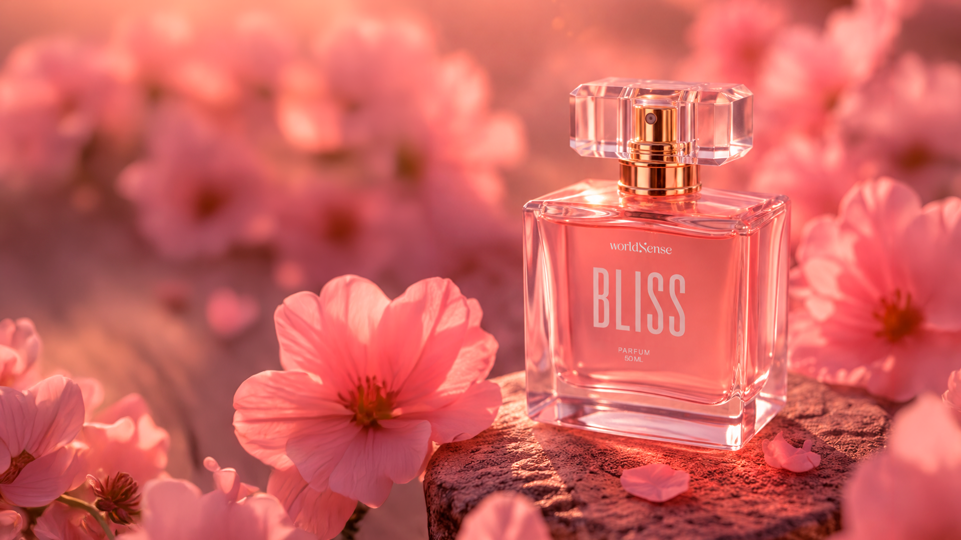 Frasco de Bliss entre flores rosadas