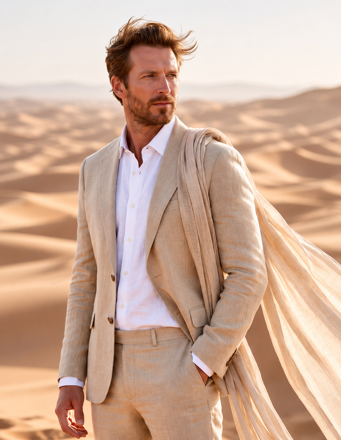 Hombre con traje de lino color arena en el desierto