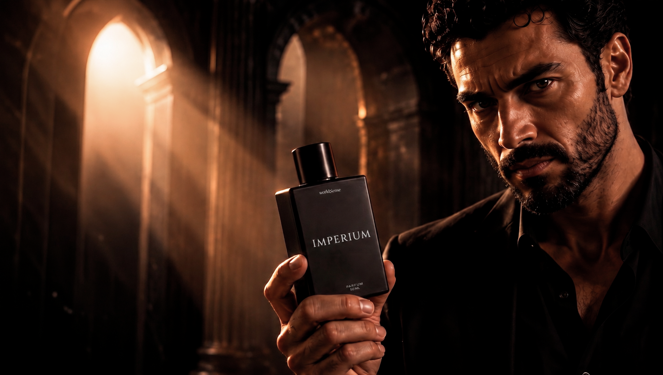 Hombre sosteniendo el perfume Imperium en un pasillo de columnas