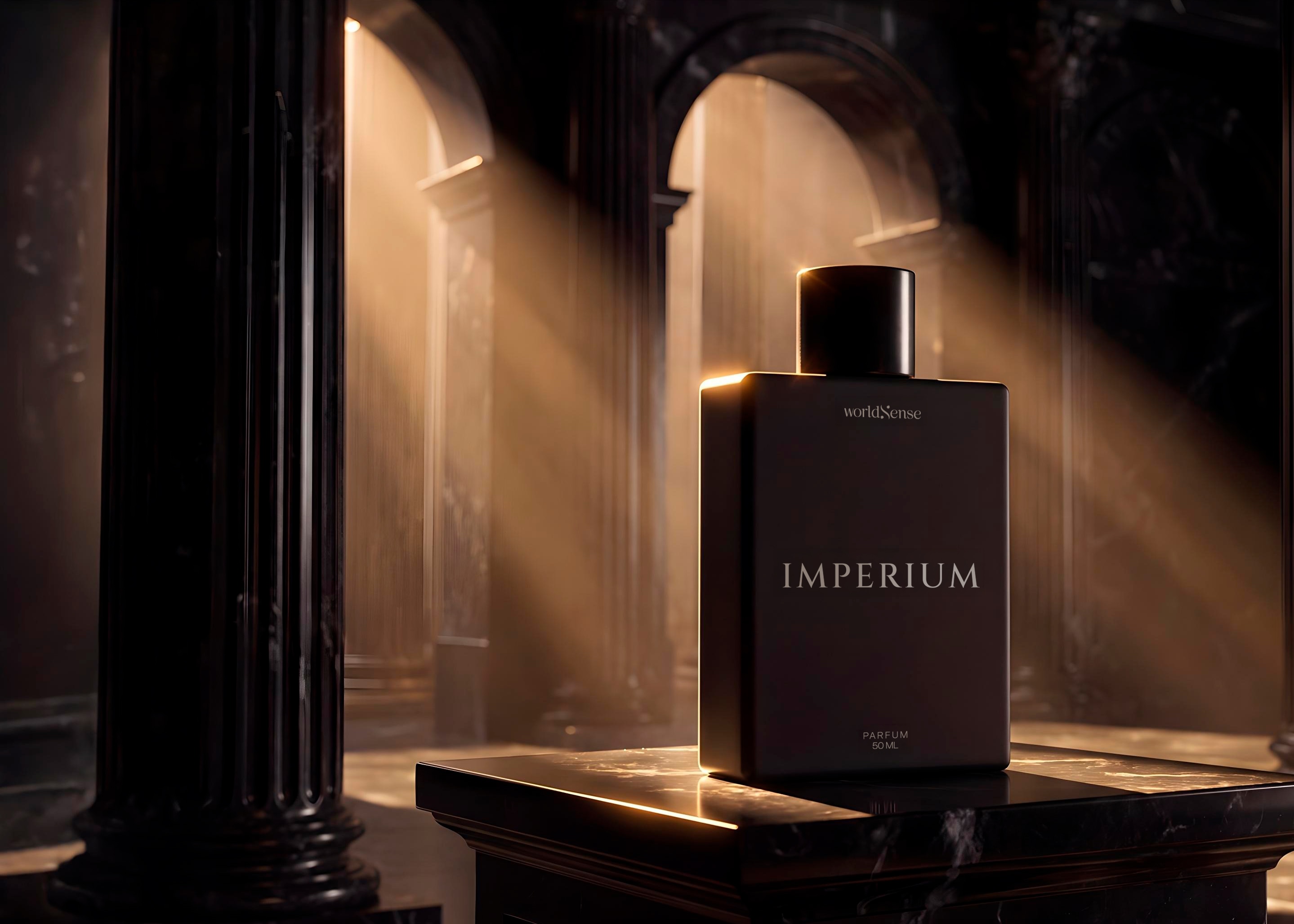 Frasco de Imperium sobre pedestal de mármol entre columnas