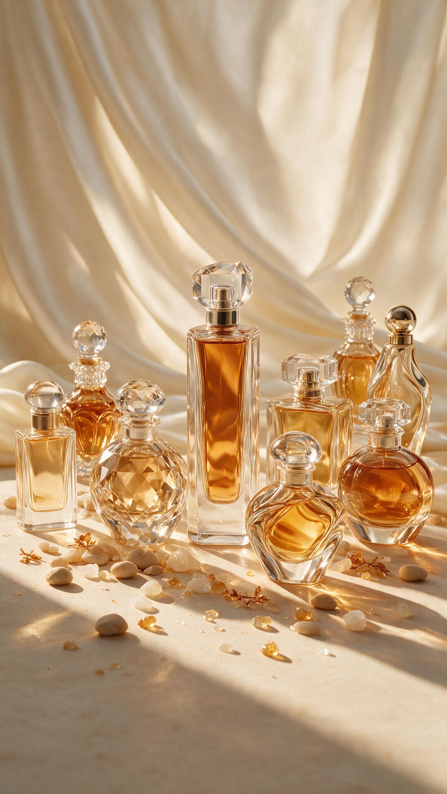 Colección de frascos de perfume sobre tela dorada