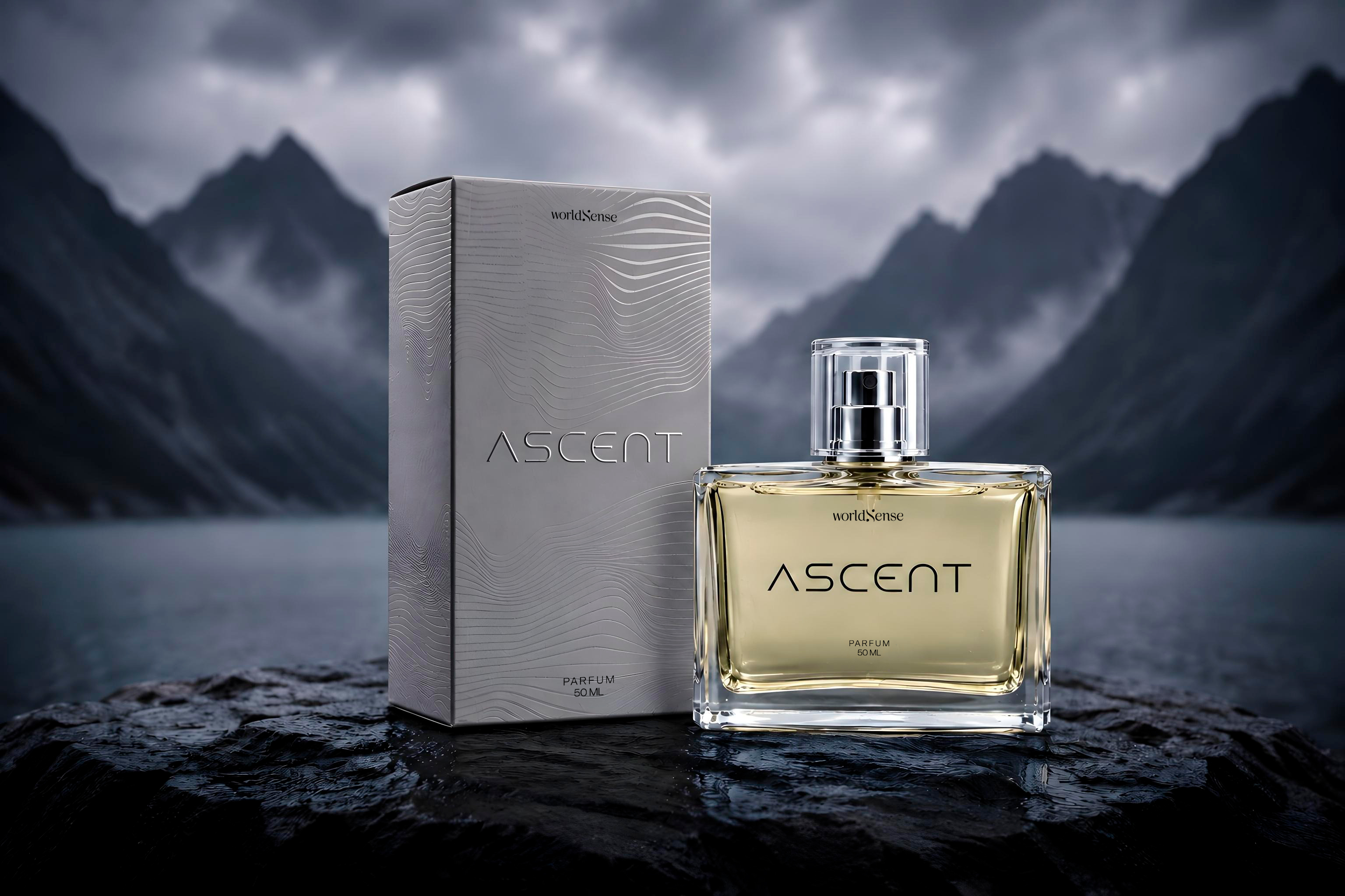 Perfume Ascent de worldSense frente a un lago de montaña