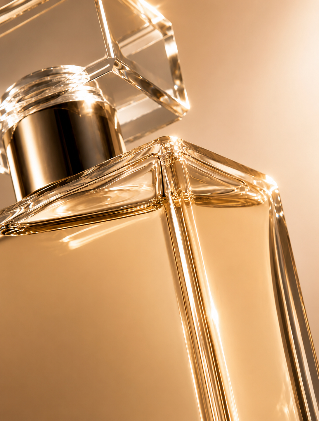 Frasco de perfume en tonos dorados, próximamente