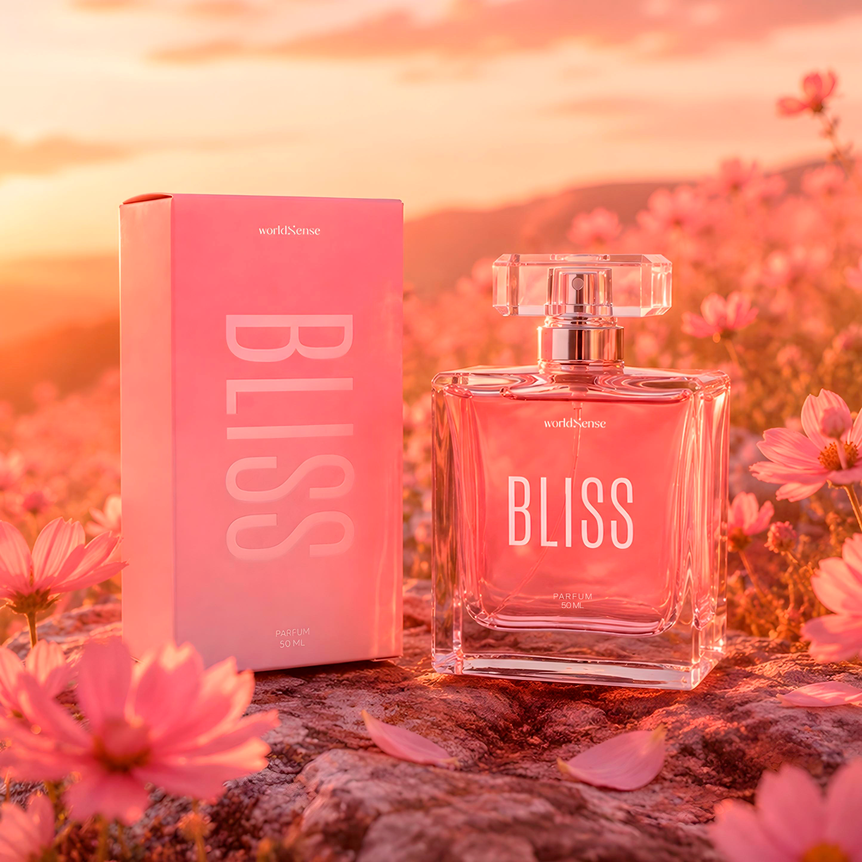 Perfume Bliss de worldSense entre flores rosadas