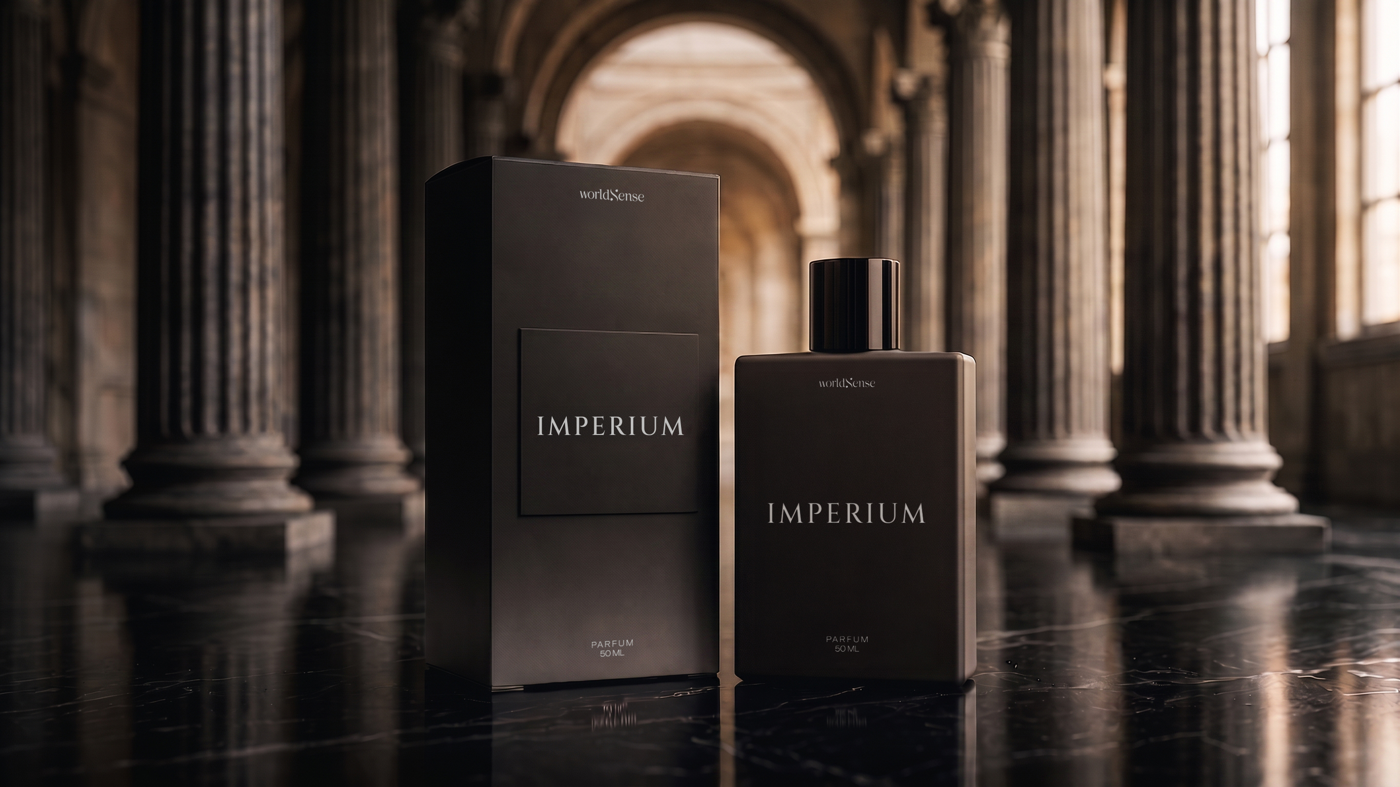 Perfume Imperium de worldSense entre columnas clásicas