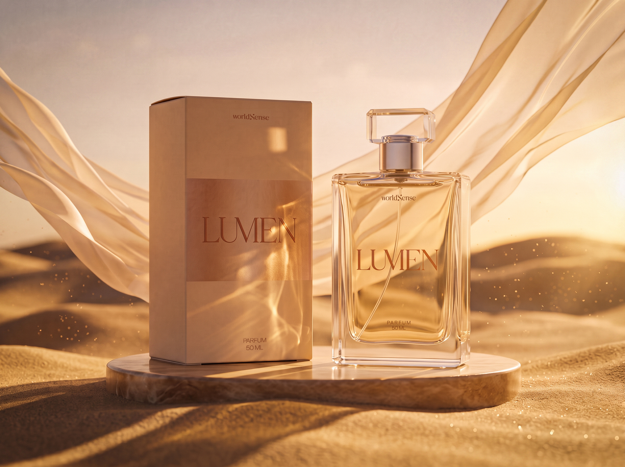 Perfume Lumen de worldSense sobre dunas doradas